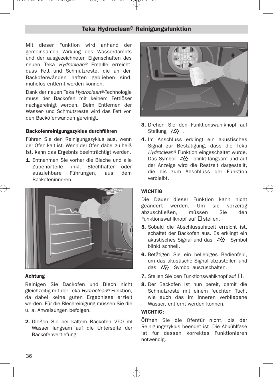 Teka hydroclean, Reinigungsfunktion | Teka Hydroclean HKL 840 User Manual | Page 36 / 40