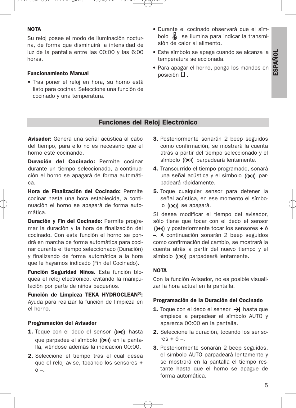 Funciones del reloj electrónico | Teka Hydroclean HKL 840 User Manual | Page 5 / 40