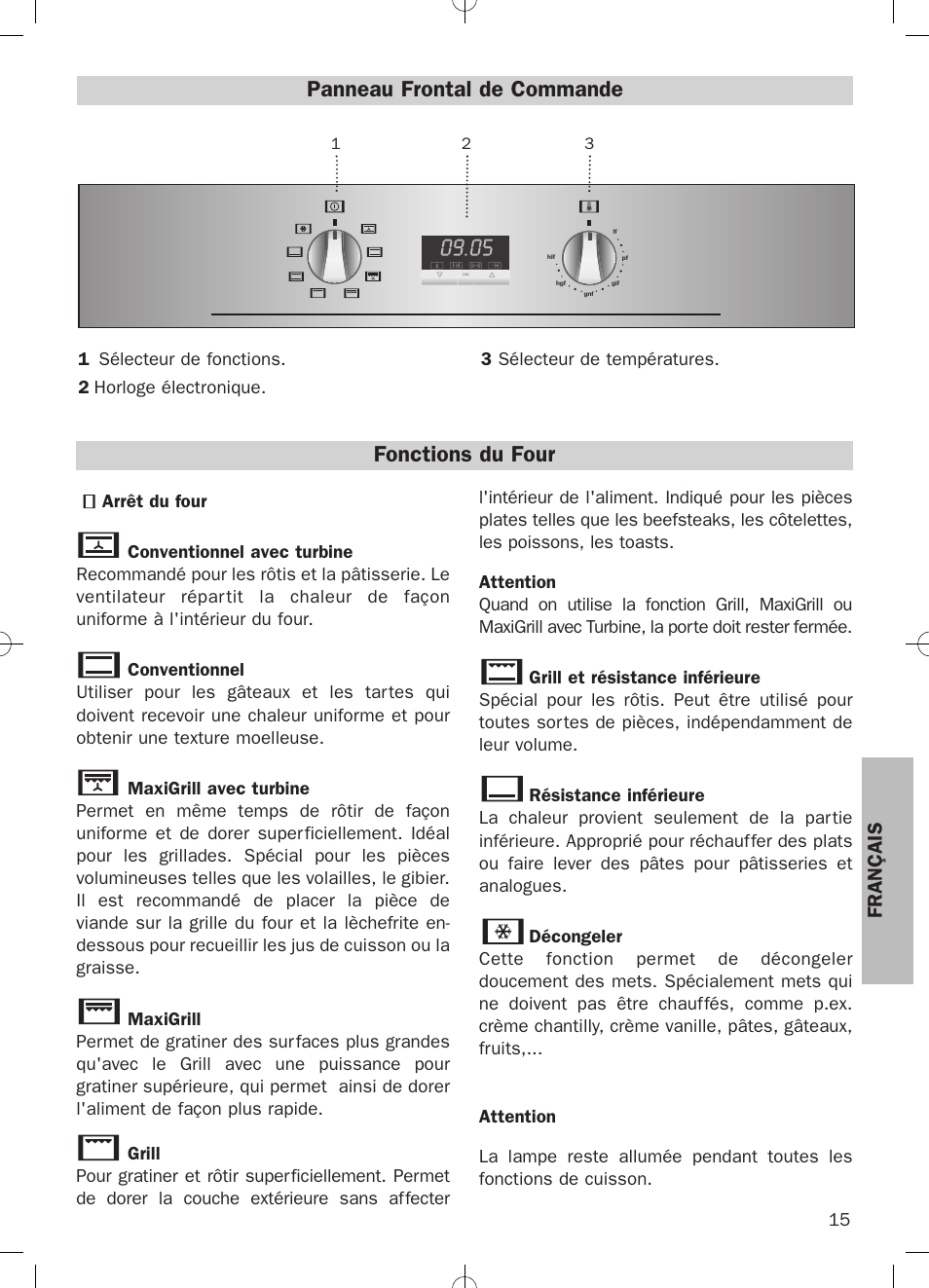 Panneau frontal de commande, Fonctions du four, Français | Teka HKE 635 User Manual | Page 15 / 24
