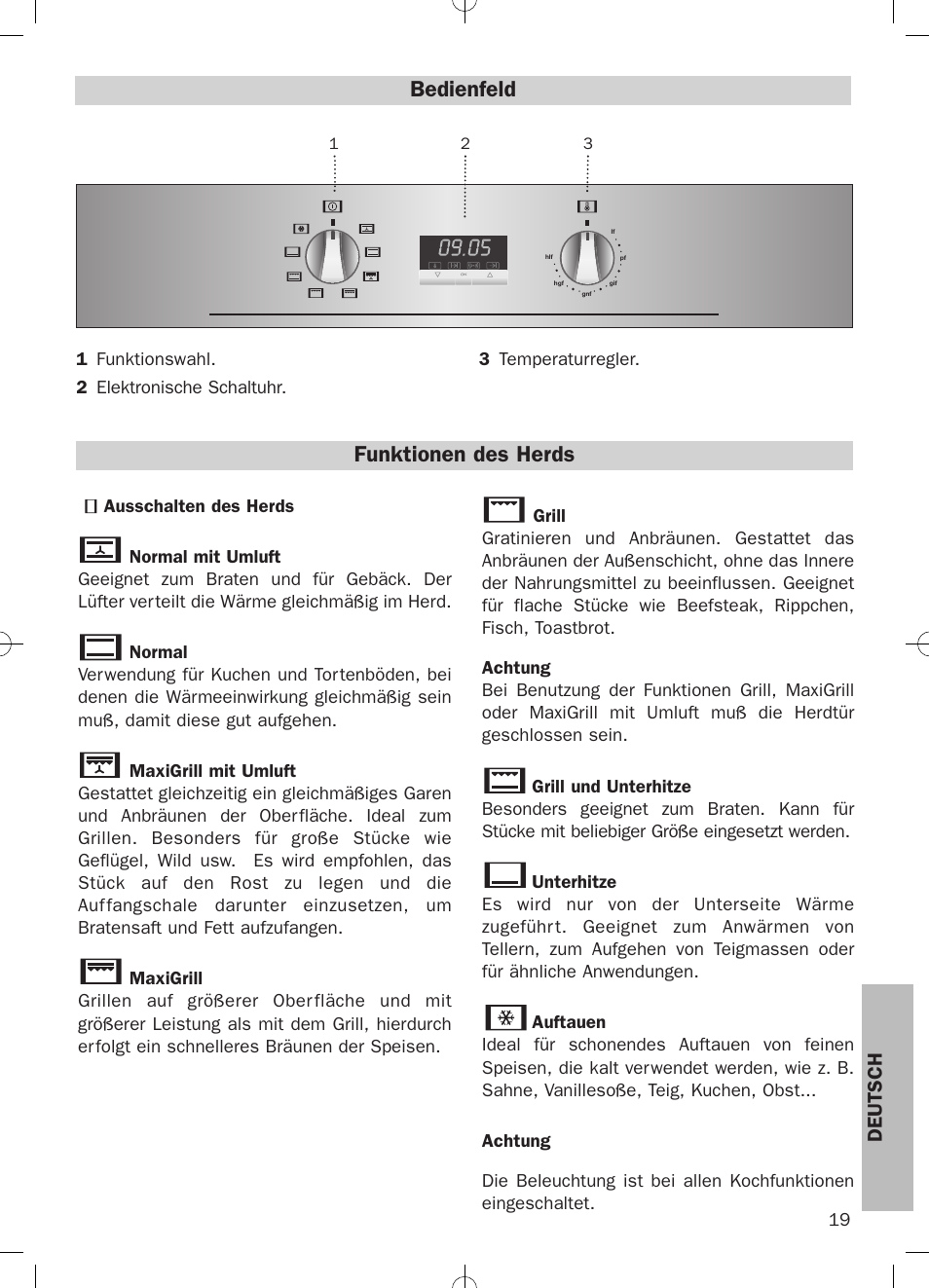 Bedienfeld, Funktionen des herds, Deutsch | Teka HKE 635 User Manual | Page 19 / 24