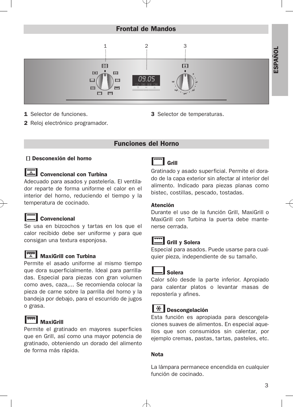 Frontal de mandos, Funciones del horno, Esp añol | Teka HKE 635 User Manual | Page 3 / 24