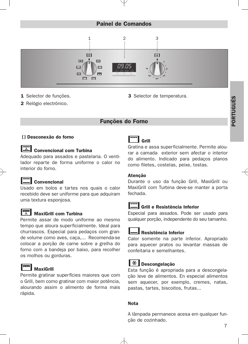 Funções do forno, Painel de comandos, Por tugués | Teka HKE 635 User Manual | Page 7 / 24