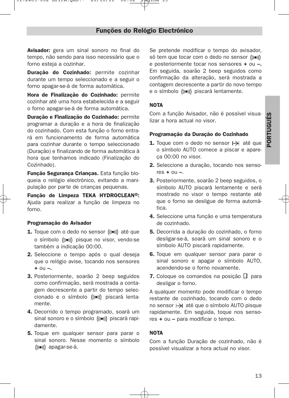 Funções do relógio electrónico | Teka Hydroclean HL 940 User Manual | Page 13 / 38