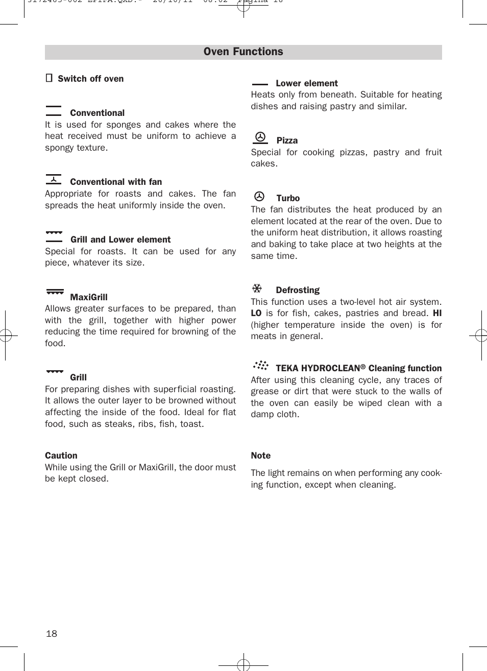 Oven functions | Teka Hydroclean HL 940 User Manual | Page 18 / 38