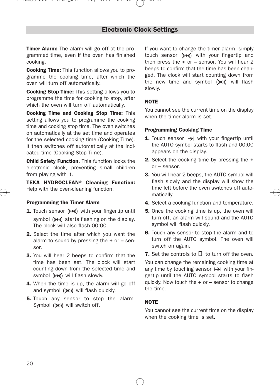 Electronic clock settings | Teka Hydroclean HL 940 User Manual | Page 20 / 38