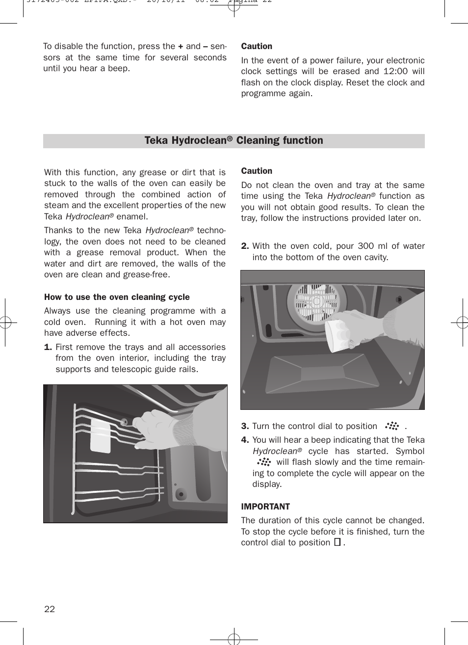 Teka hydroclean, Cleaning function | Teka Hydroclean HL 940 User Manual | Page 22 / 38