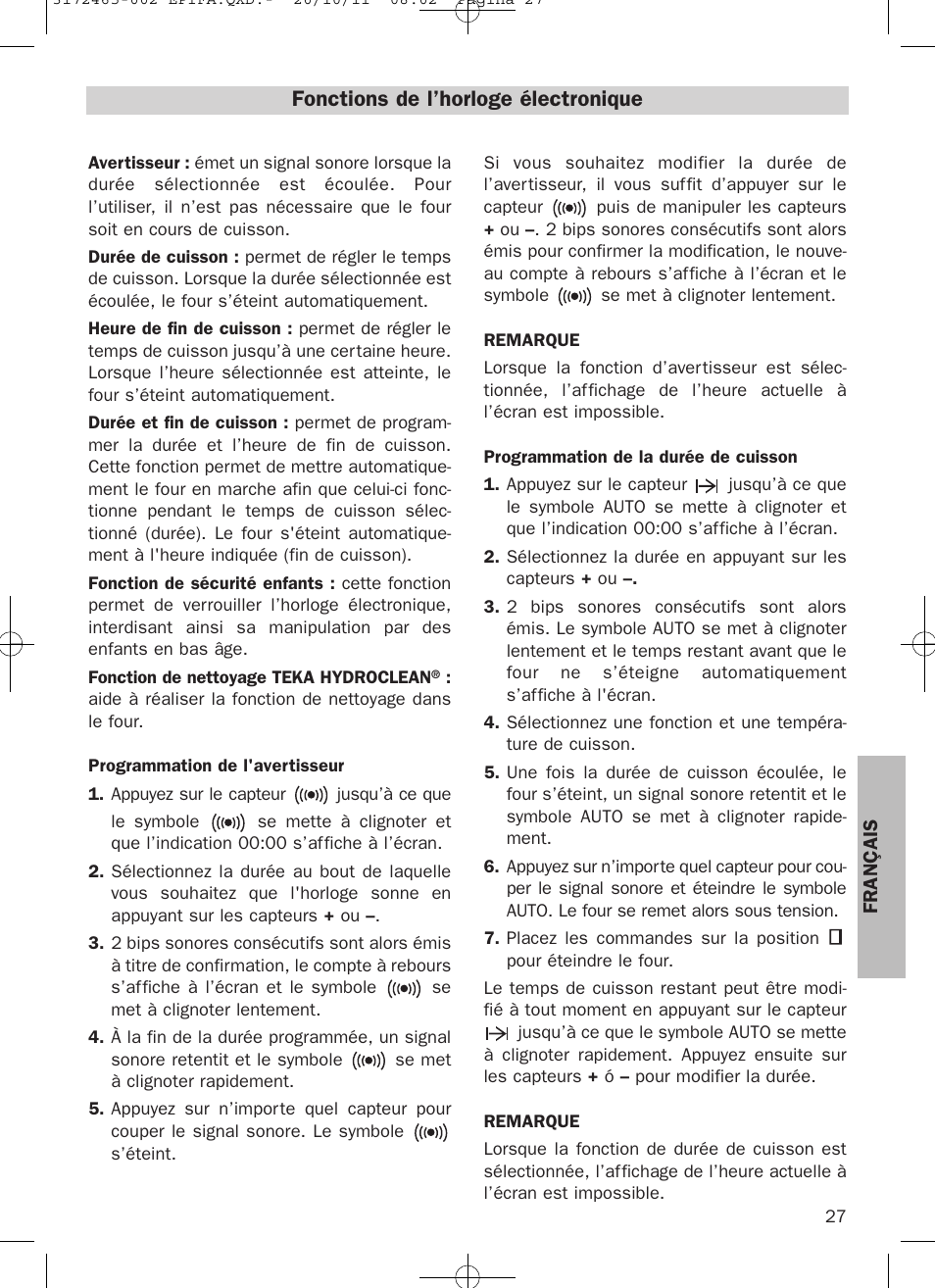 Fonctions de l’horloge électronique | Teka Hydroclean HL 940 User Manual | Page 27 / 38