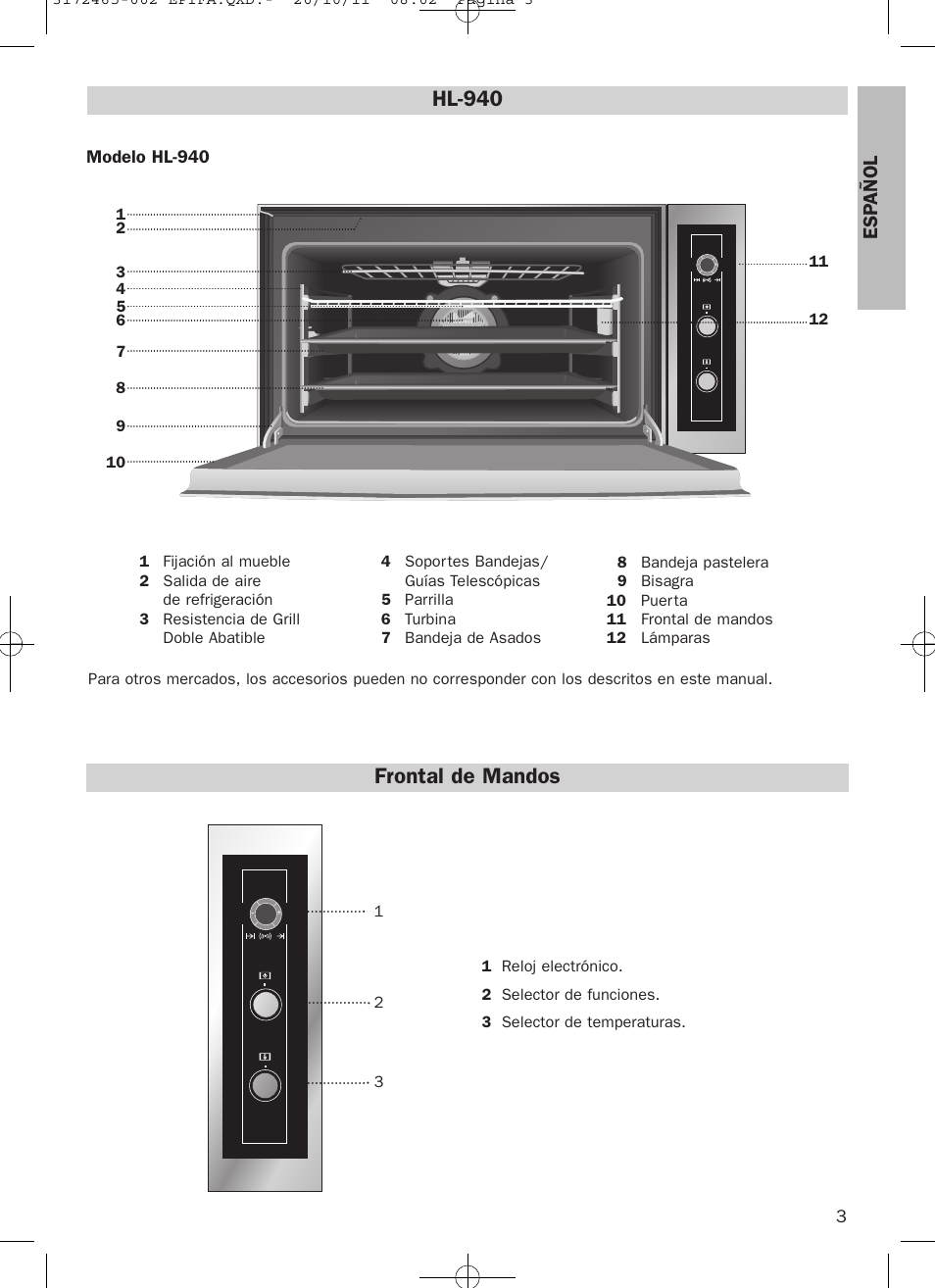 Frontal de mandos, Hl-940, Esp añol | Teka Hydroclean HL 940 User Manual | Page 3 / 38