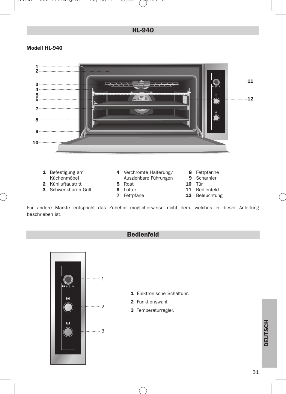 Hl-940, Bedienfeld, Deutsch | Teka Hydroclean HL 940 User Manual | Page 31 / 38