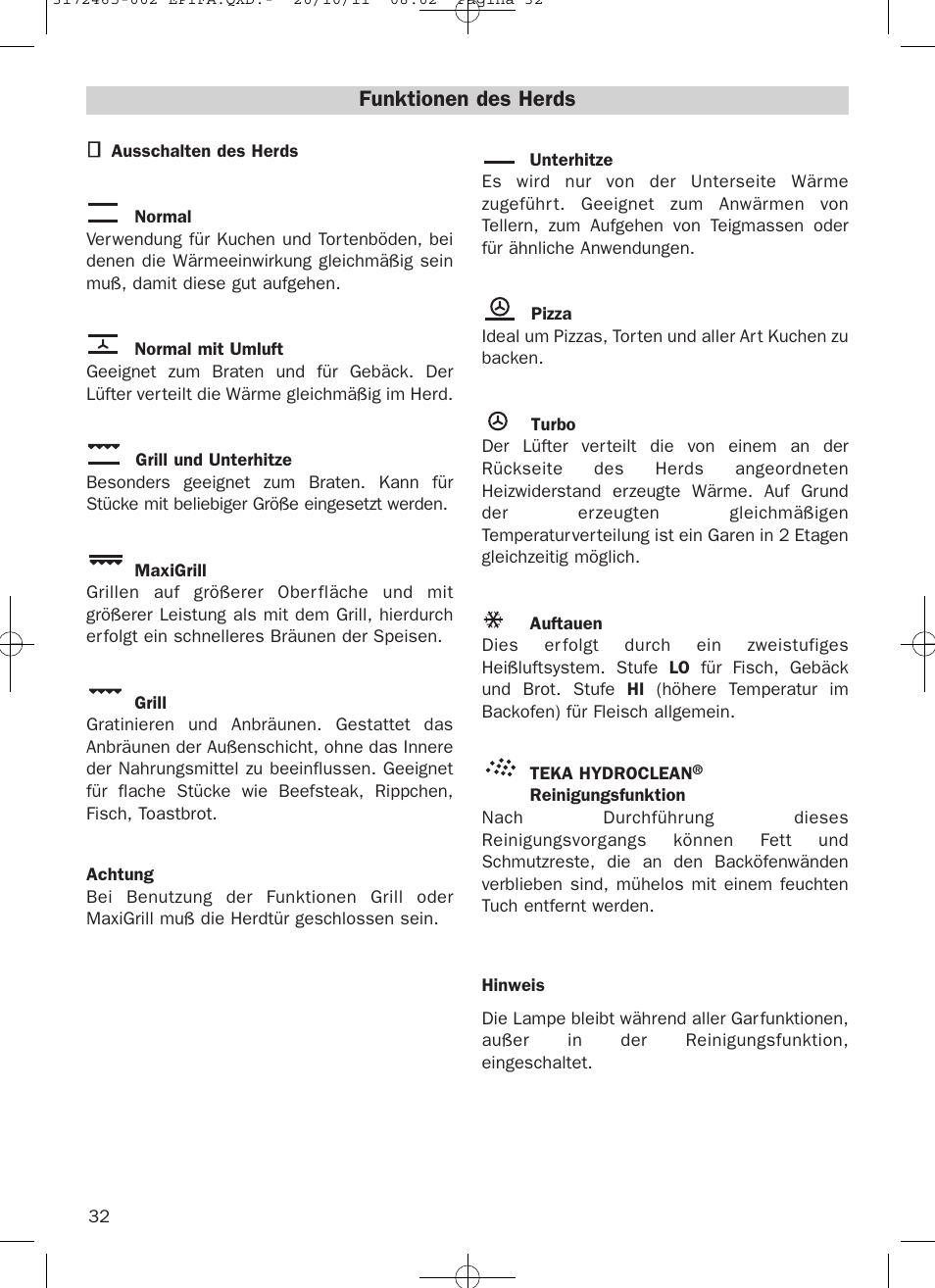 Funktionen des herds | Teka Hydroclean HL 940 User Manual | Page 32 / 38