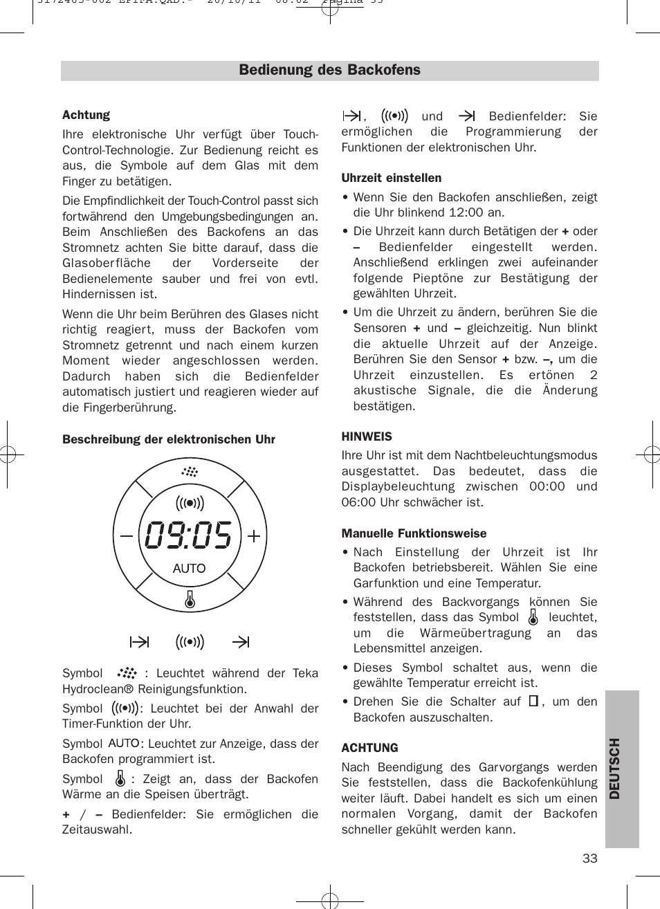 Bedienung des backofens | Teka Hydroclean HL 940 User Manual | Page 33 / 38