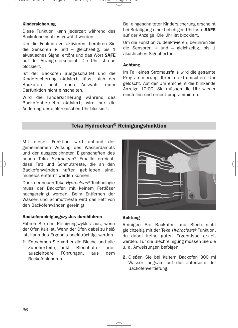 Teka hydroclean, Reinigungsfunktion | Teka Hydroclean HL 940 User Manual | Page 36 / 38