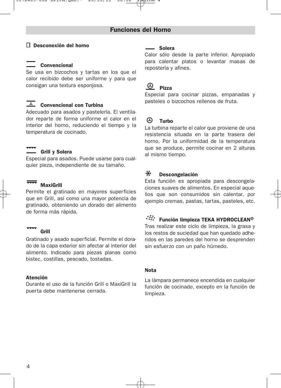 Funciones del horno | Teka Hydroclean HL 940 User Manual | Page 4 / 38