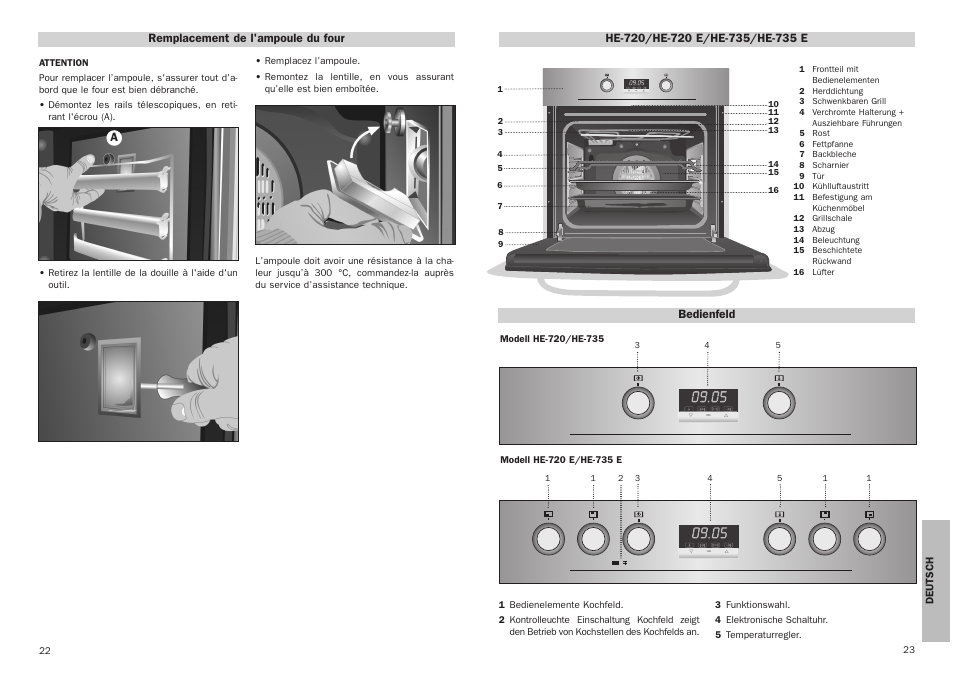 Bedienfeld, Remplacement de l'ampoule du four | Teka HE 720 User Manual | Page 12 / 15