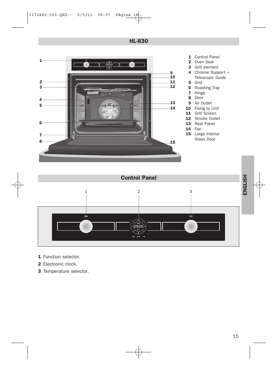 Control panel, Hl-830, English | Teka HL 830 User Manual | Page 15 / 34