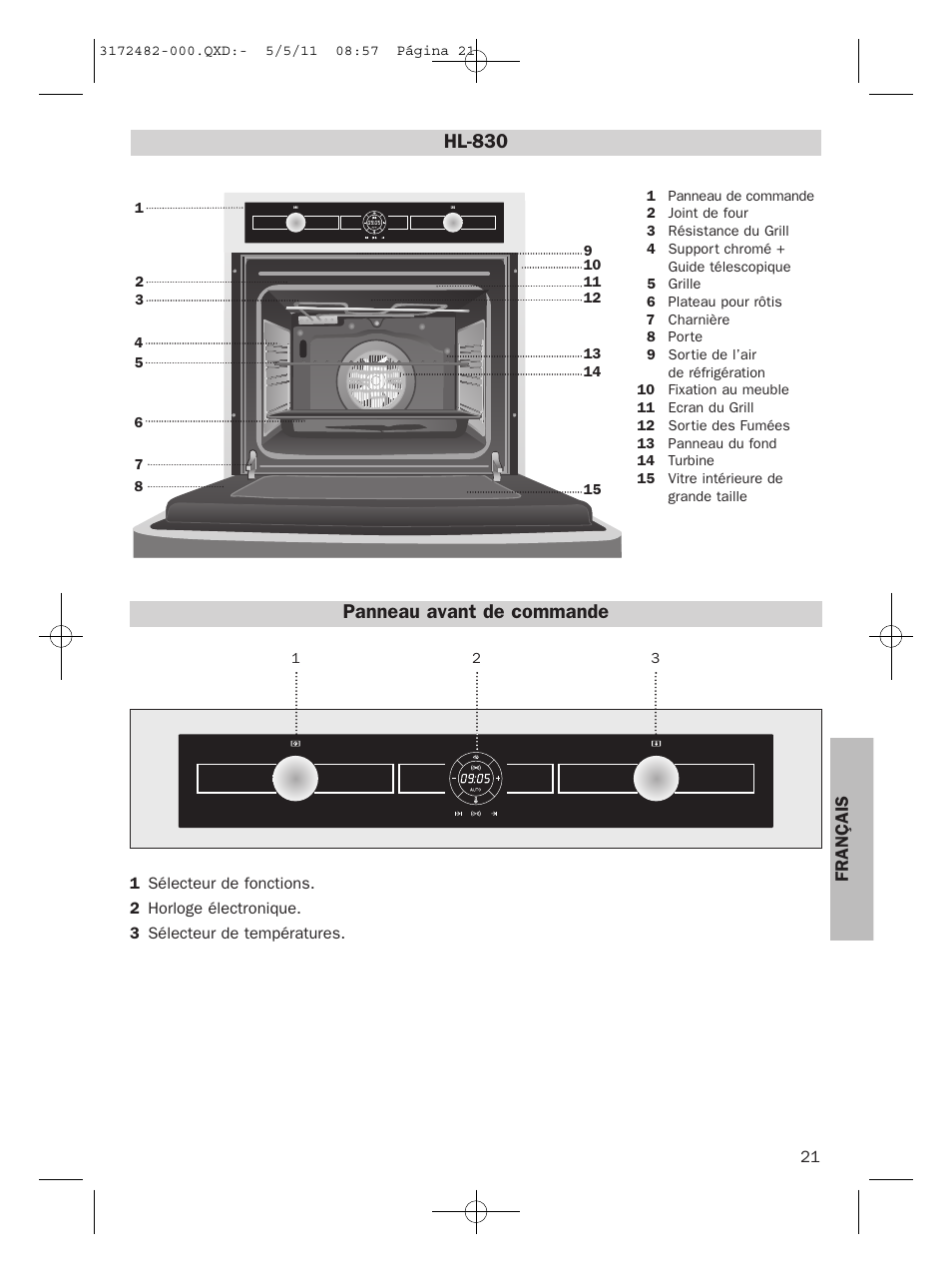 Panneau avant de commande, Hl-830, Français | Teka HL 830 User Manual | Page 21 / 34