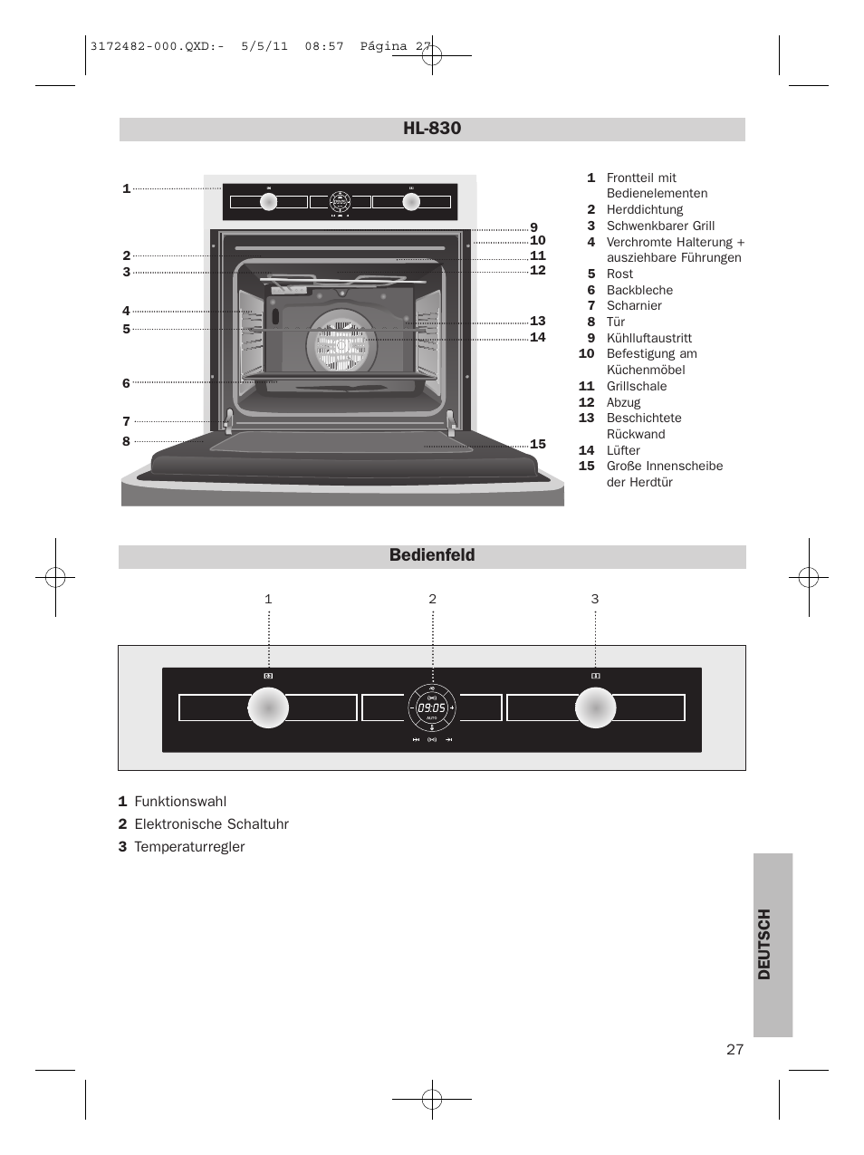 Bedienfeld, Hl-830, Deutsch | Teka HL 830 User Manual | Page 27 / 34
