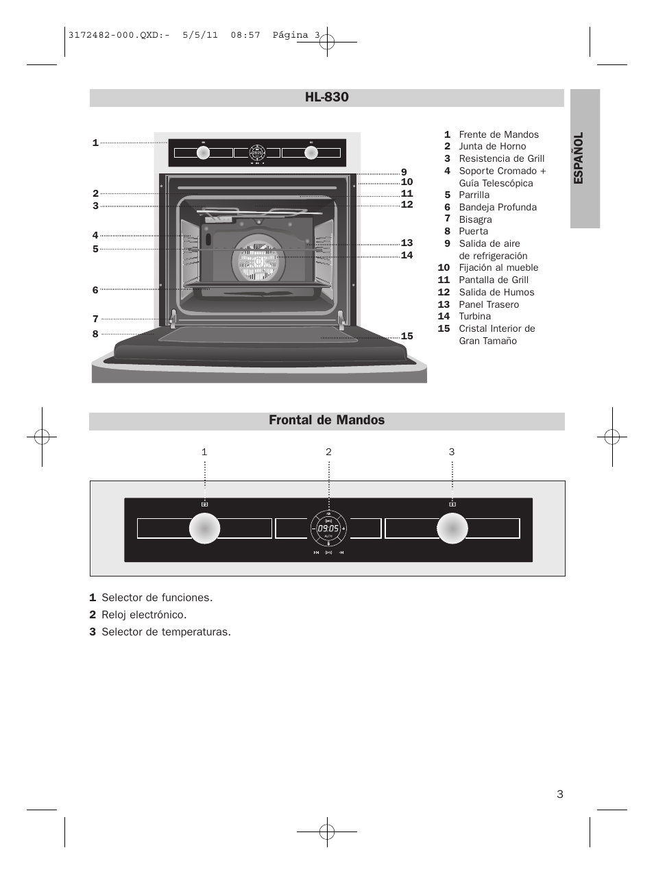 Frontal de mandos, Hl-830, Esp añol | Teka HL 830 User Manual | Page 3 / 34