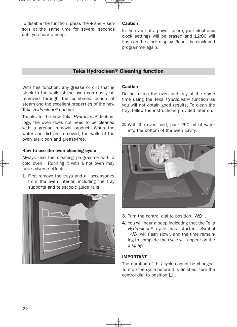 Teka hydroclean, Cleaning function | Teka Hydroclean HL 840 User Manual | Page 22 / 40