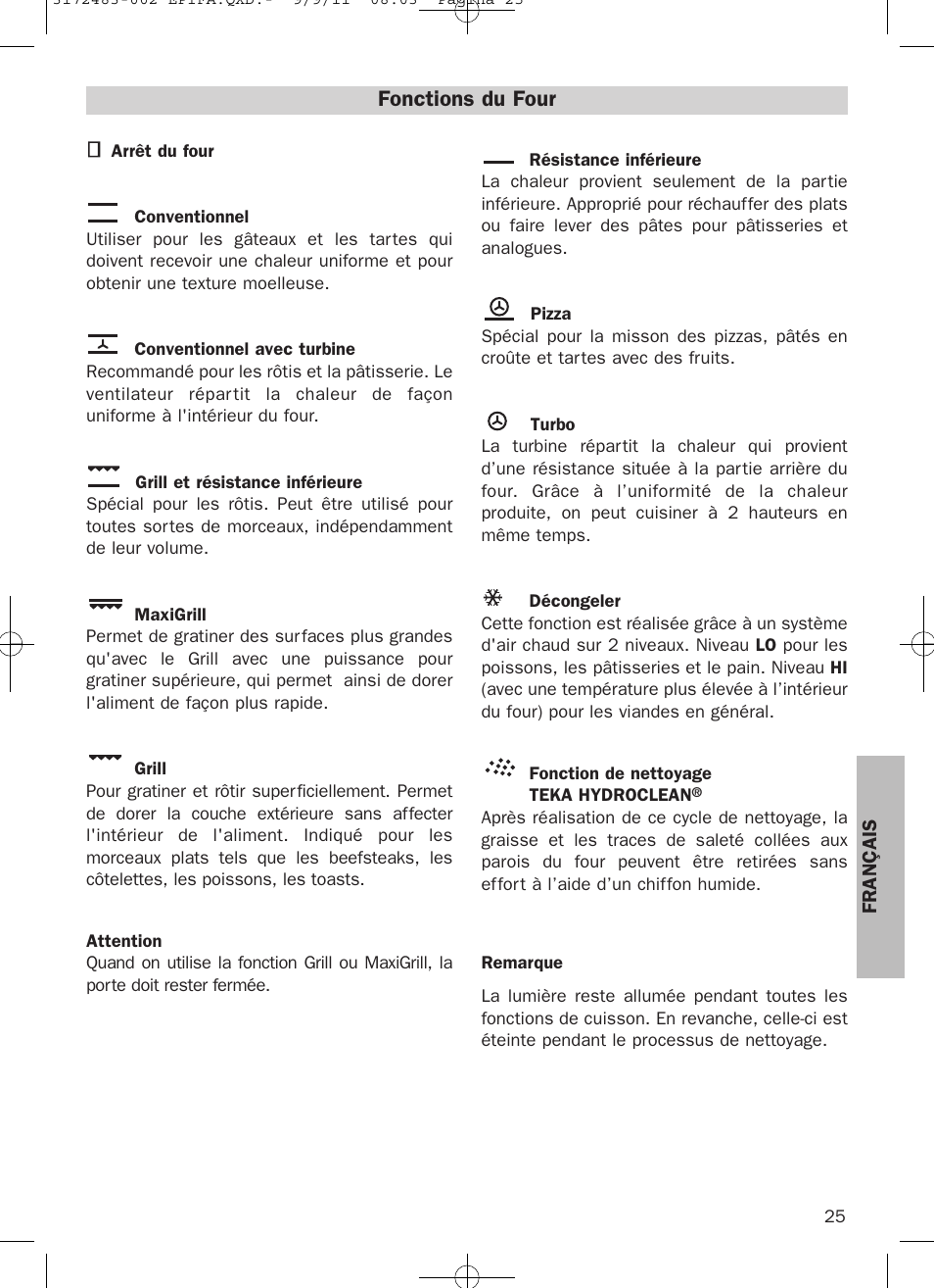 Fonctions du four | Teka Hydroclean HL 840 User Manual | Page 25 / 40