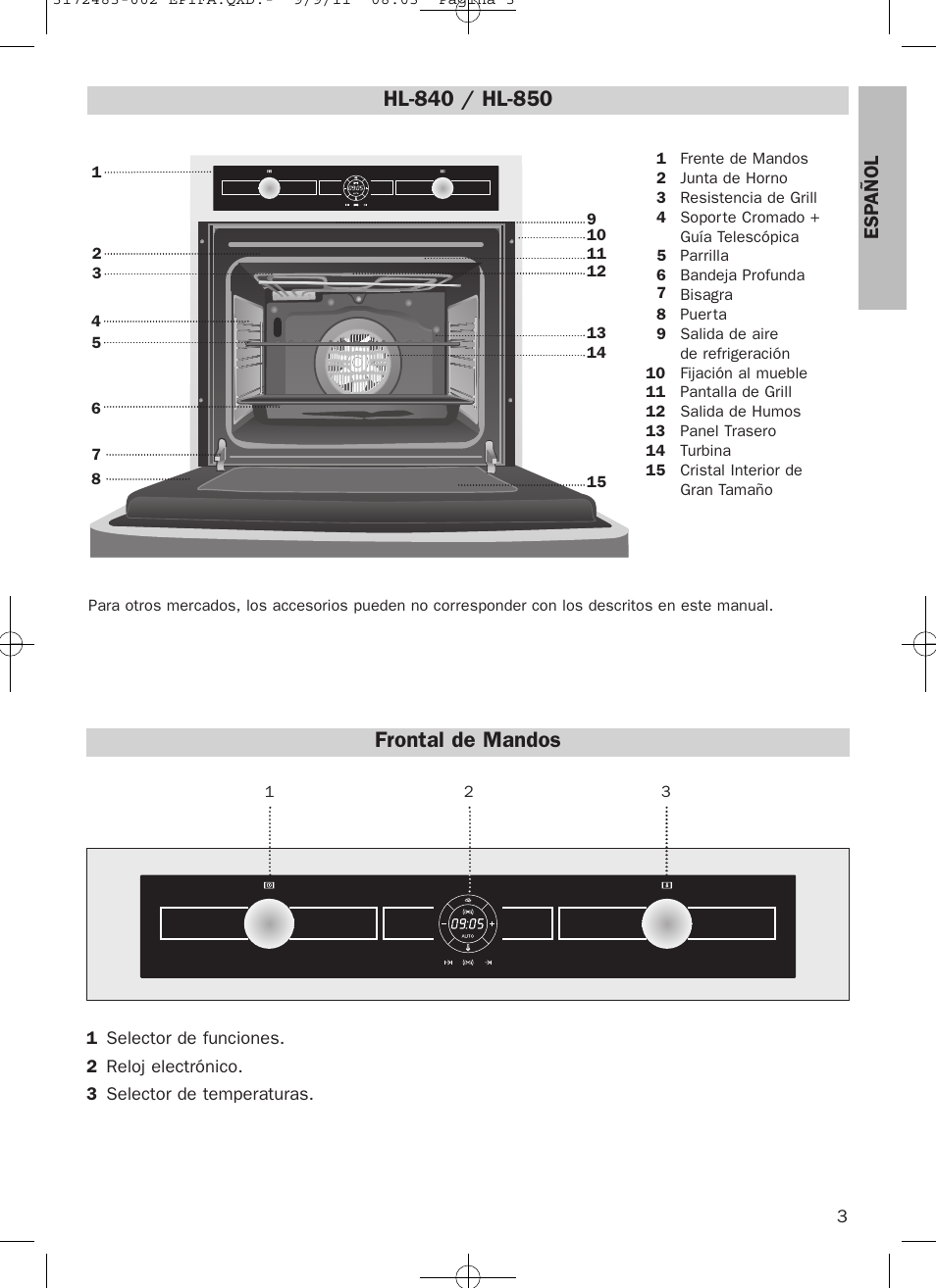 Frontal de mandos, Esp añol | Teka Hydroclean HL 840 User Manual | Page 3 / 40