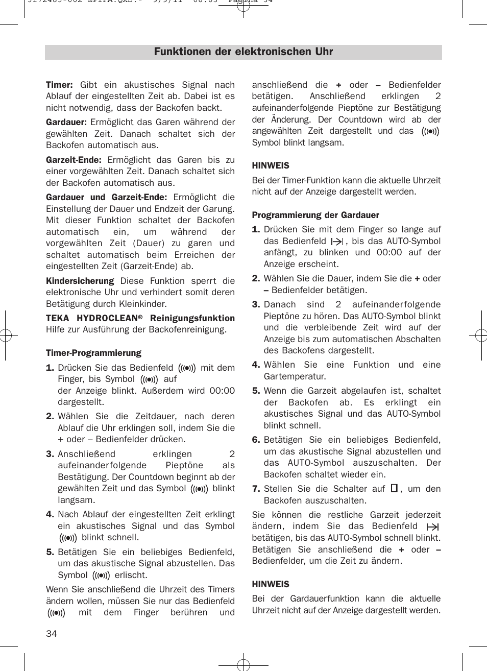 Funktionen der elektronischen uhr | Teka Hydroclean HL 840 User Manual | Page 34 / 40