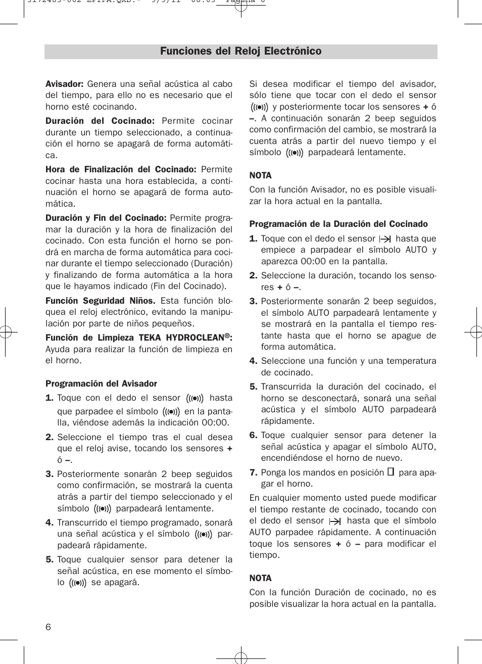 Funciones del reloj electrónico | Teka Hydroclean HL 840 User Manual | Page 6 / 40