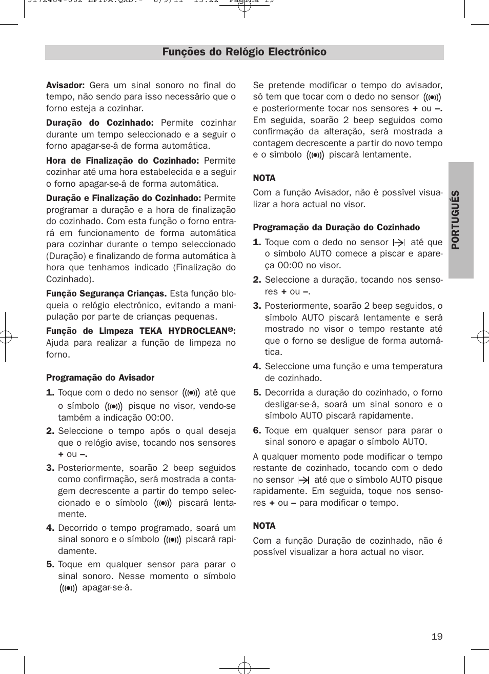 Funções do relógio electrónico | Teka Hydroclean HL 870 User Manual | Page 19 / 74