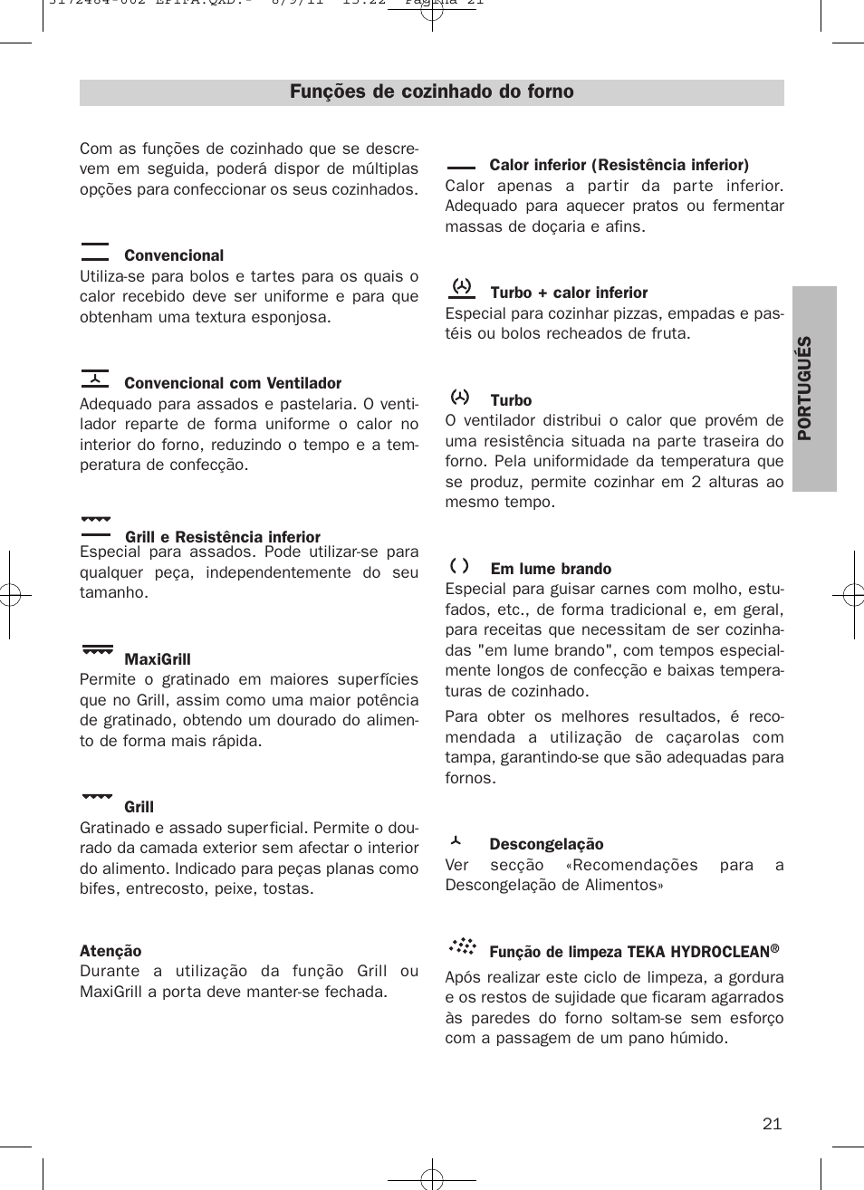 Funções de cozinhado do forno | Teka Hydroclean HL 870 User Manual | Page 21 / 74