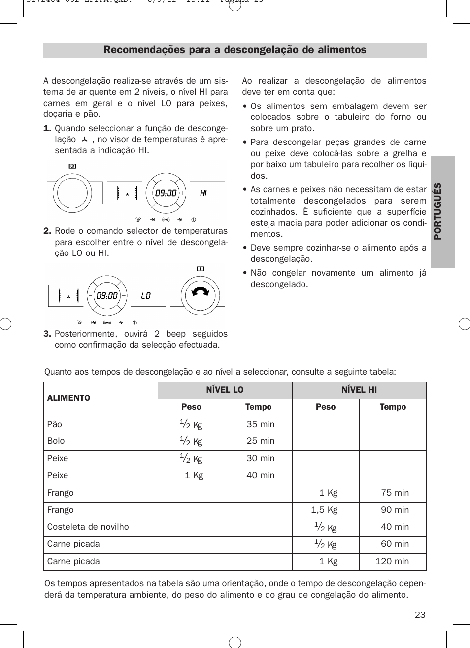 Recomendações para a descongelação de alimentos | Teka Hydroclean HL 870 User Manual | Page 23 / 74