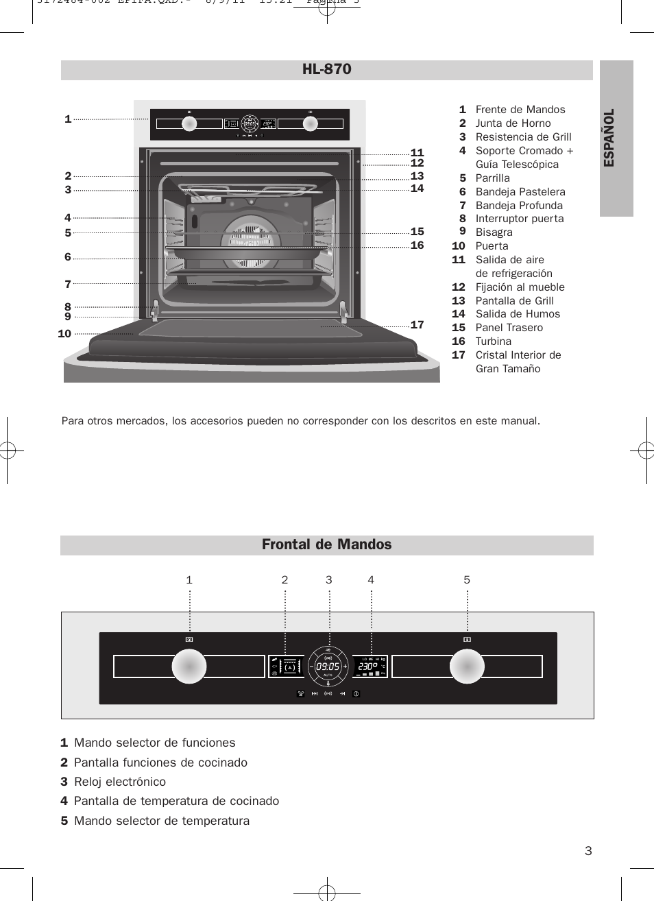 Frontal de mandos, Hl-870, Esp añol | Teka Hydroclean HL 870 User Manual | Page 3 / 74