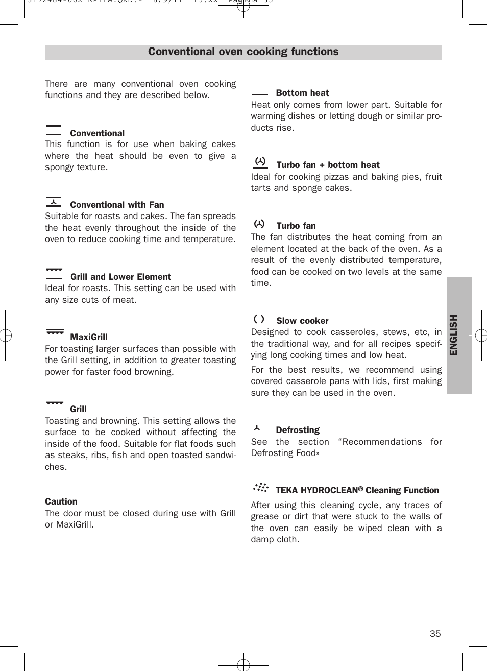 Conventional oven cooking functions | Teka Hydroclean HL 870 User Manual | Page 35 / 74