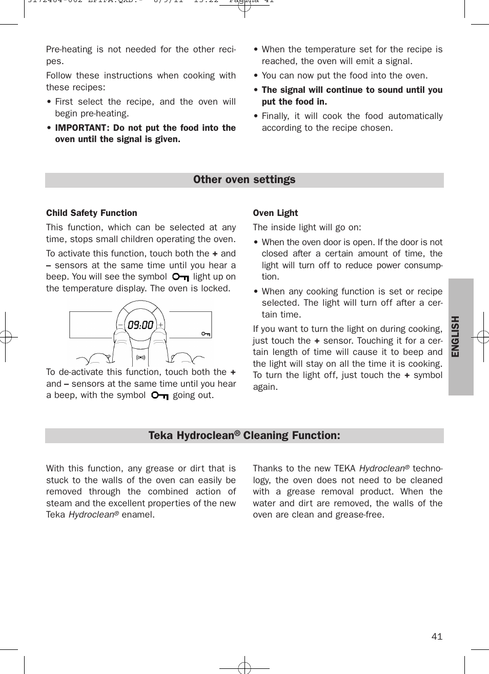 Other oven settings, Teka hydroclean, Cleaning function | Teka Hydroclean HL 870 User Manual | Page 41 / 74