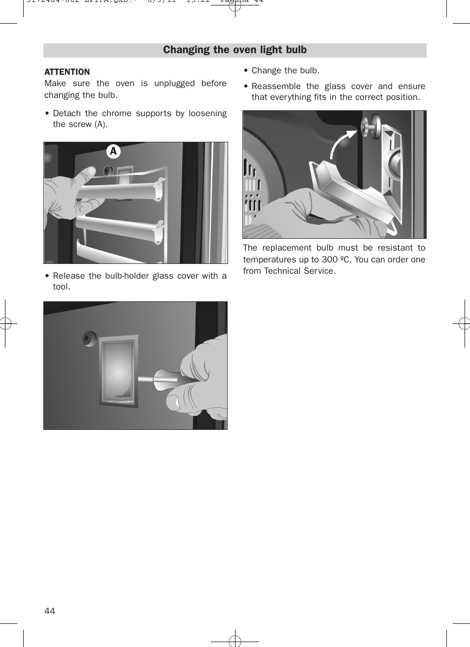 Changing the oven light bulb | Teka Hydroclean HL 870 User Manual | Page 44 / 74