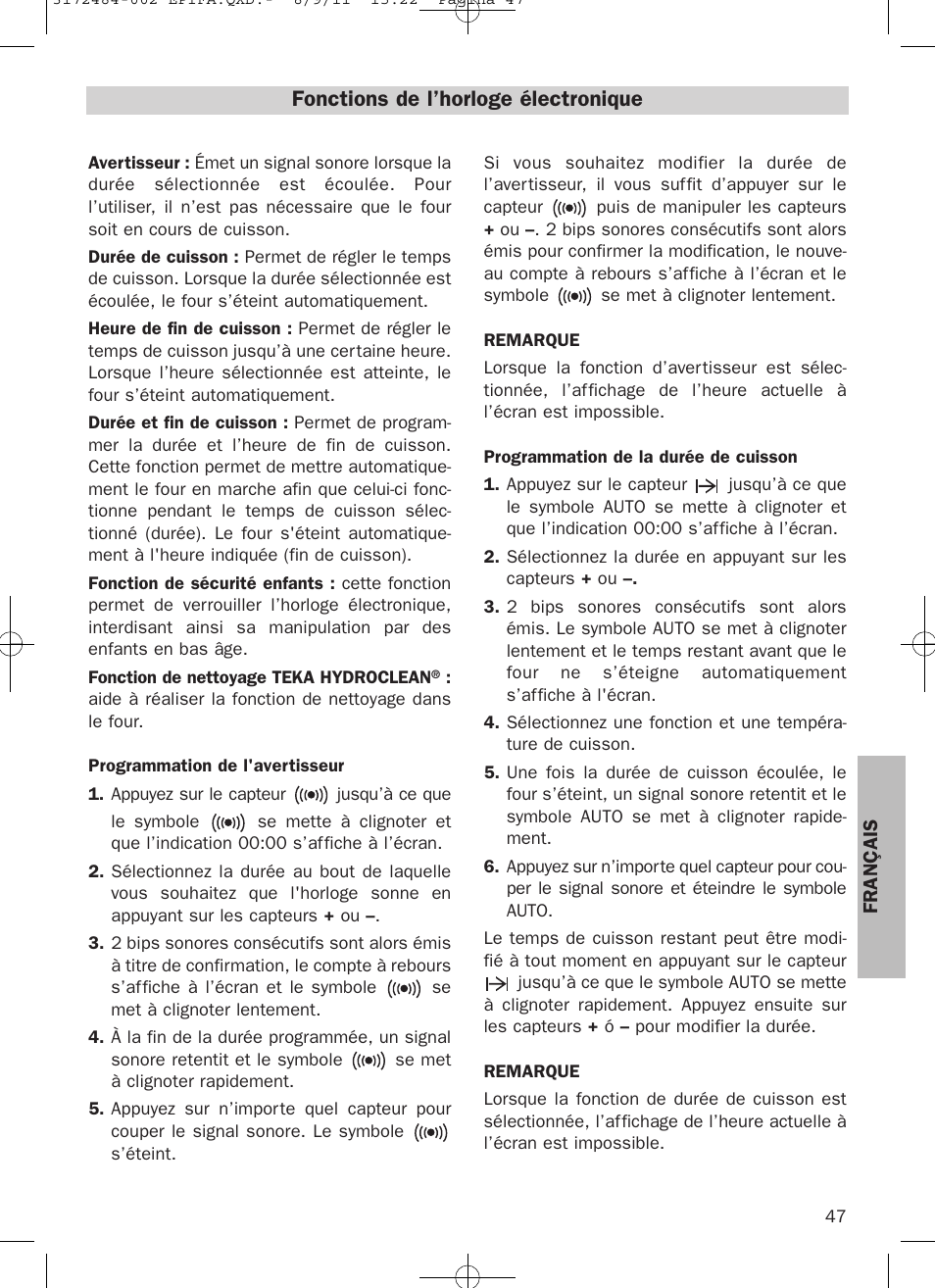 Fonctions de l’horloge électronique | Teka Hydroclean HL 870 User Manual | Page 47 / 74