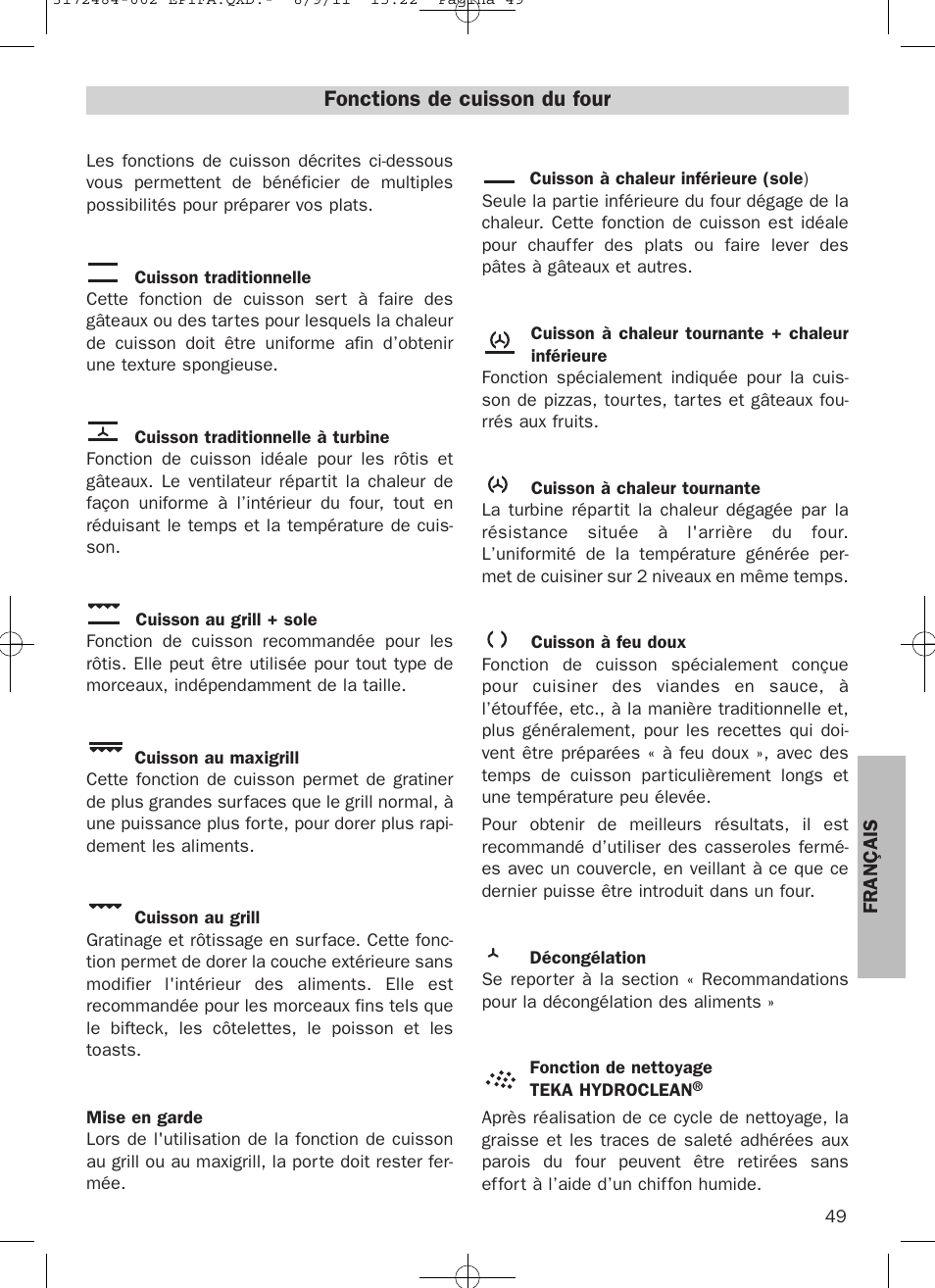 Fonctions de cuisson du four | Teka Hydroclean HL 870 User Manual | Page 49 / 74