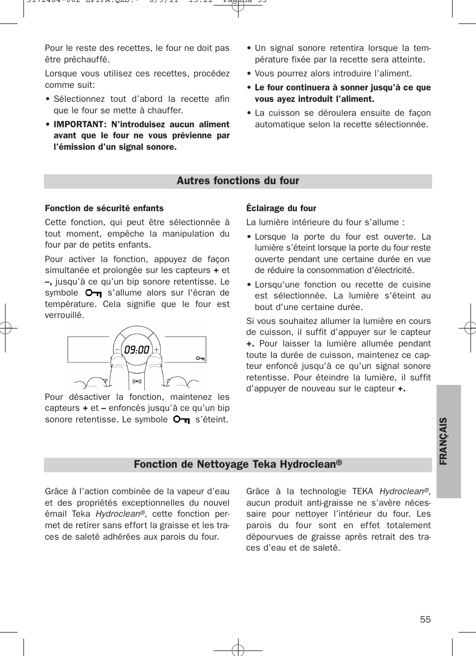 Autres fonctions du four, Fonction de nettoyage teka hydroclean | Teka Hydroclean HL 870 User Manual | Page 55 / 74