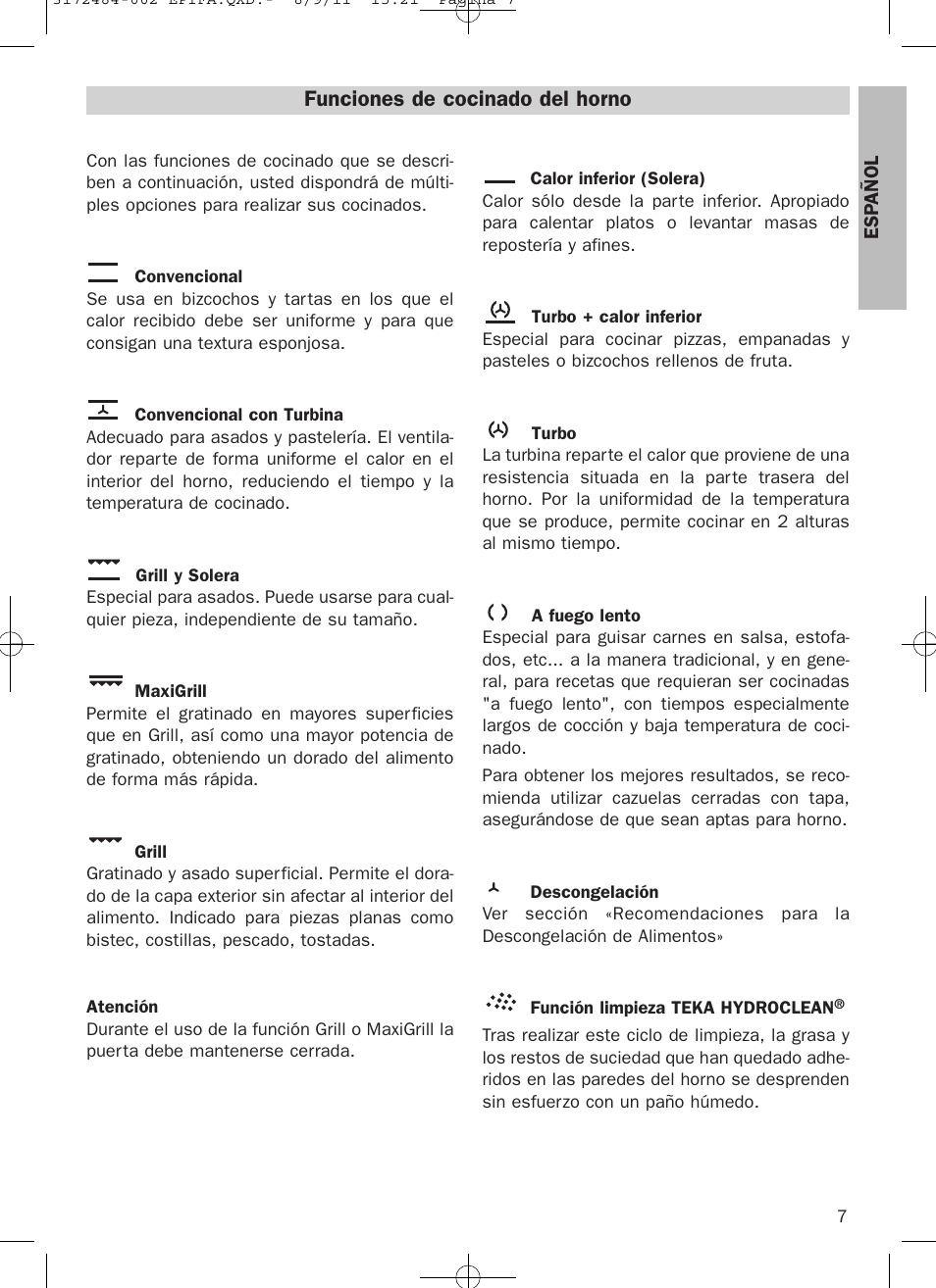 Funciones de cocinado del horno | Teka Hydroclean HL 870 User Manual | Page 7 / 74