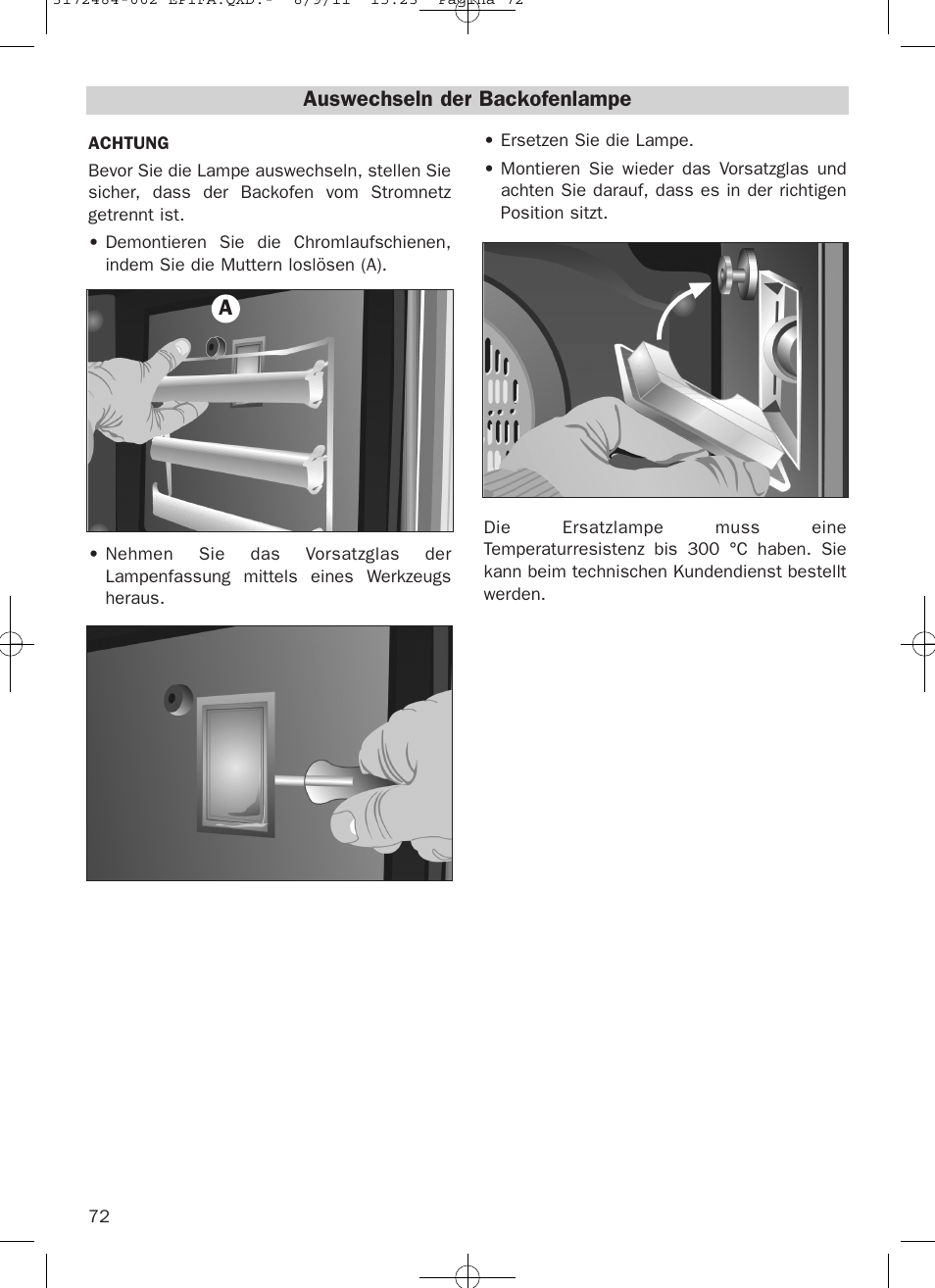 Auswechseln der backofenlampe | Teka Hydroclean HL 870 User Manual | Page 72 / 74