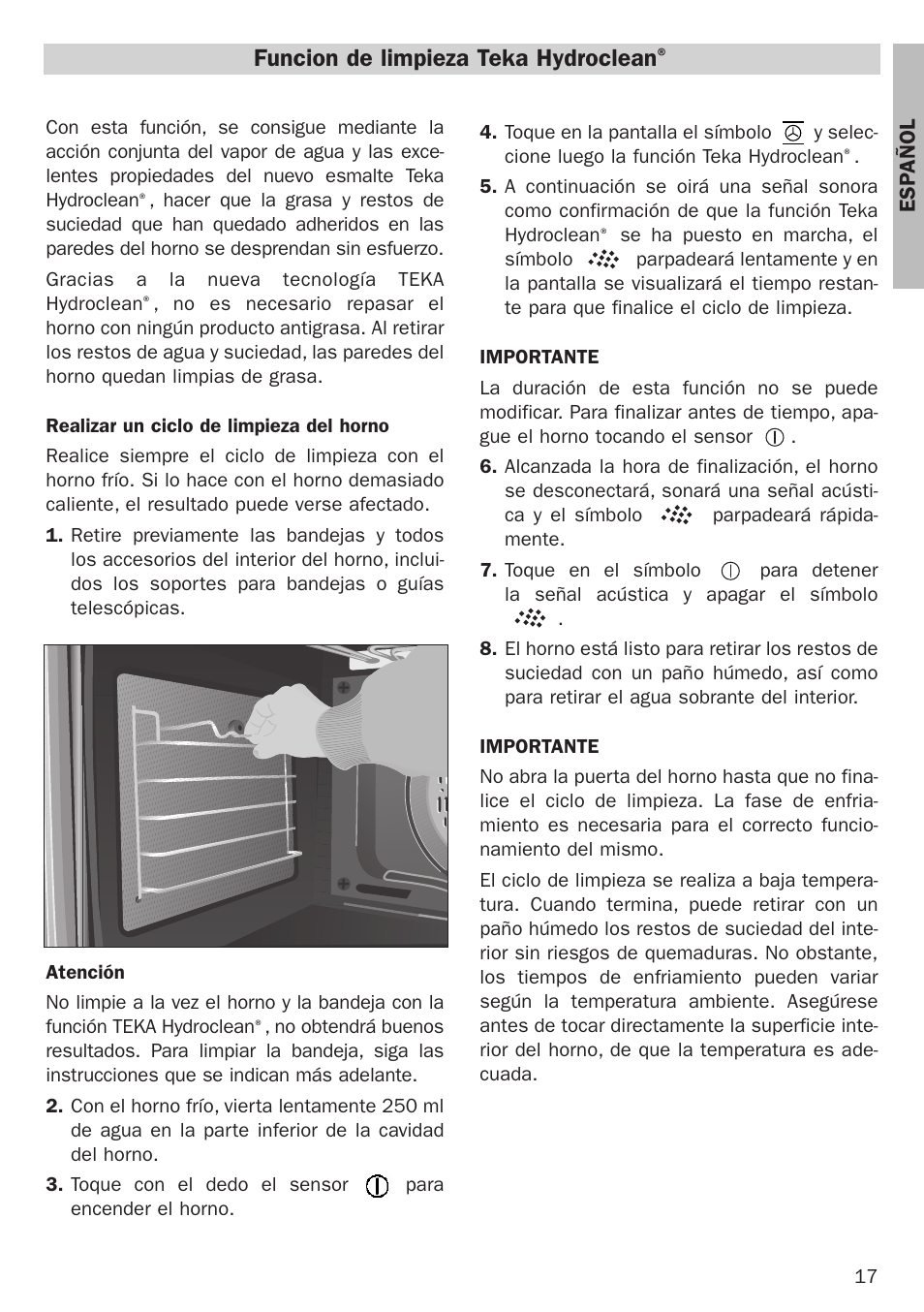 Funcion de limpieza teka hydroclean | Teka Hydroclean HL 890 User Manual | Page 17 / 92