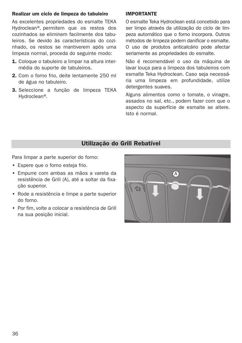 Utilização do grill rebatível | Teka Hydroclean HL 890 User Manual | Page 36 / 92