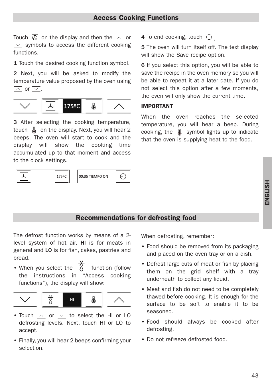 Access cooking functions, Recommendations for defrosting food | Teka Hydroclean HL 890 User Manual | Page 43 / 92