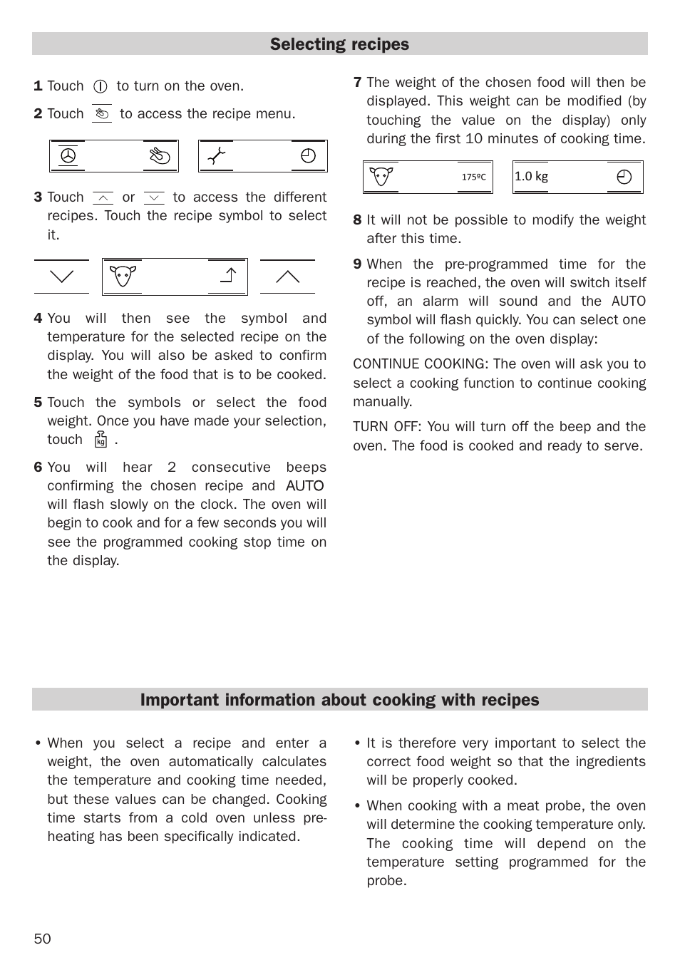 Selecting recipes, Important information about cooking with recipes | Teka Hydroclean HL 890 User Manual | Page 50 / 92