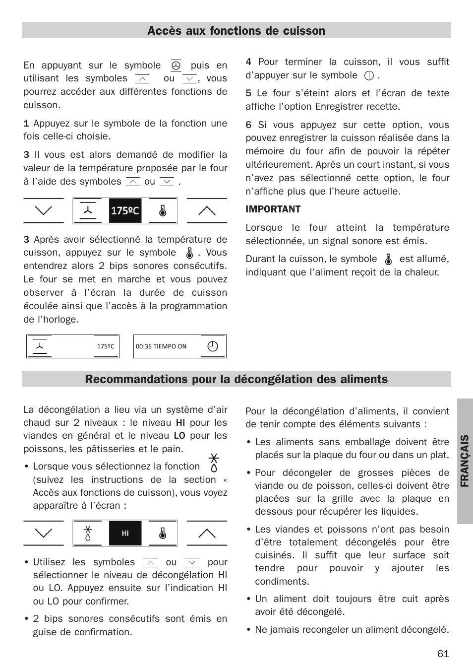 Accès aux fonctions de cuisson, Recommandations pour la décongélation des aliments | Teka Hydroclean HL 890 User Manual | Page 61 / 92