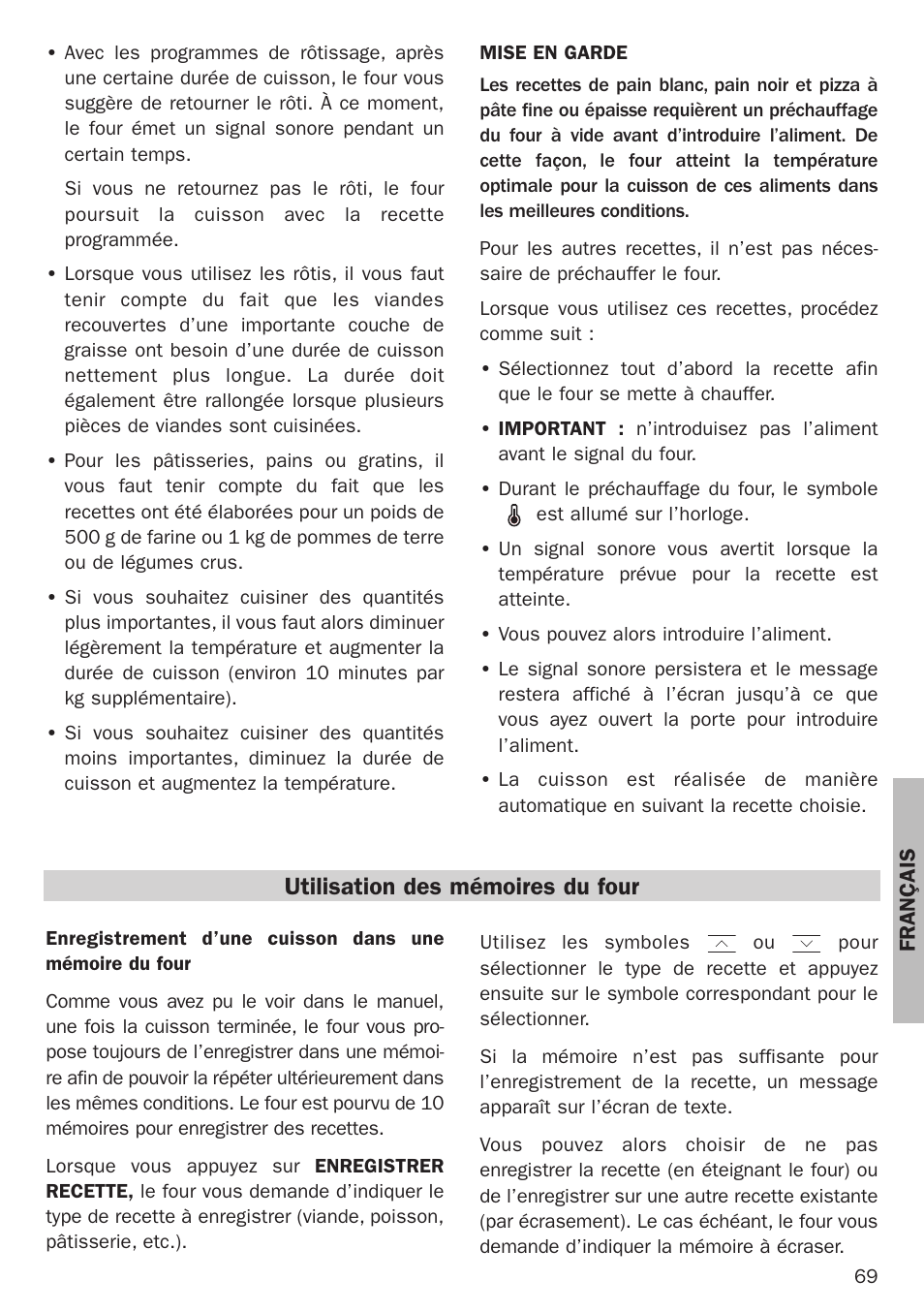 Utilisation des mémoires du four | Teka Hydroclean HL 890 User Manual | Page 69 / 92