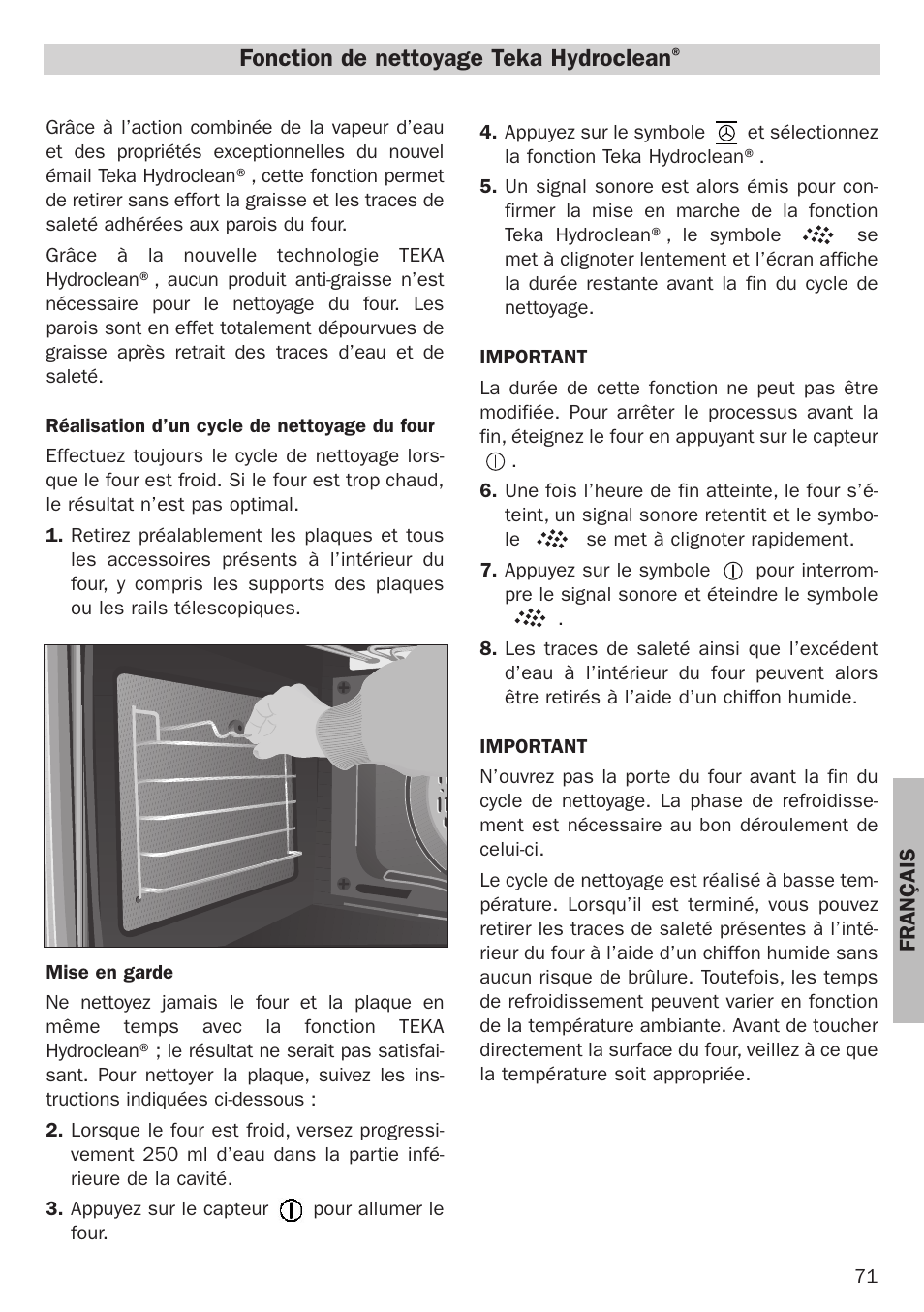 Fonction de nettoyage teka hydroclean | Teka Hydroclean HL 890 User Manual | Page 71 / 92