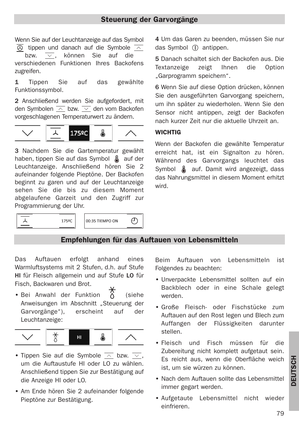 Steuerung der garvorgänge, Empfehlungen für das auftauen von lebensmitteln | Teka Hydroclean HL 890 User Manual | Page 79 / 92