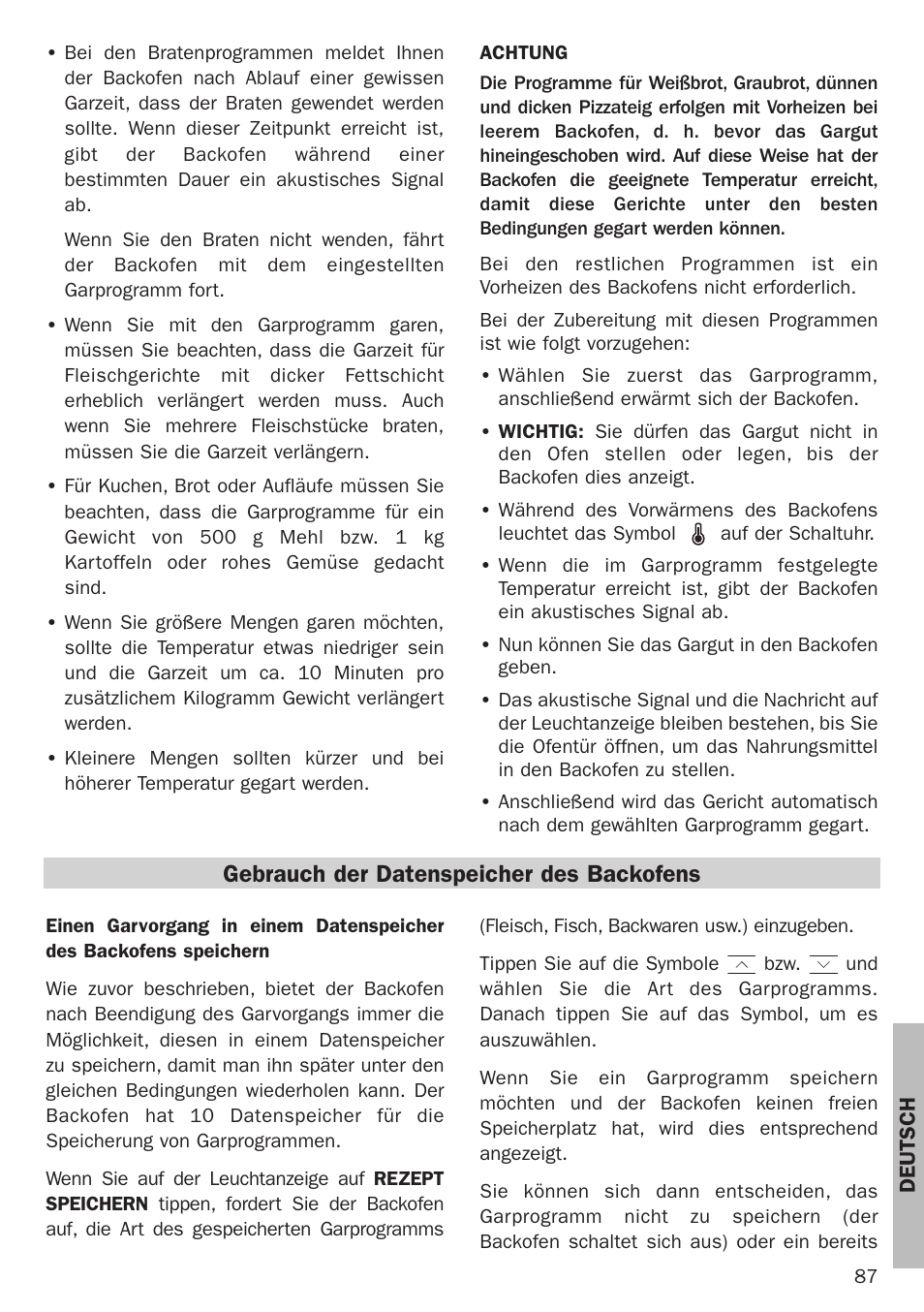 Gebrauch der datenspeicher des backofens | Teka Hydroclean HL 890 User Manual | Page 87 / 92