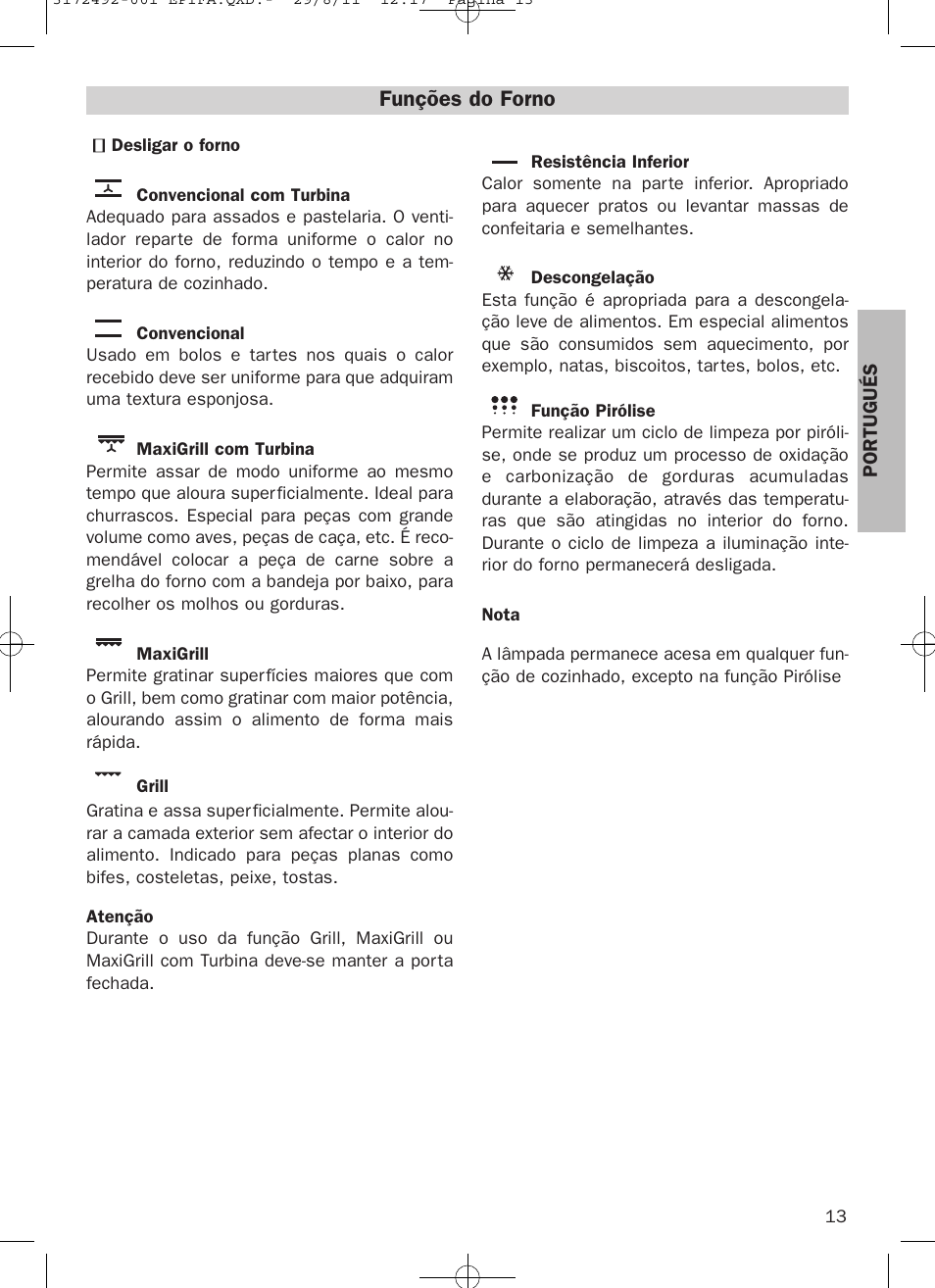 Funções do forno | Teka HPL 830 User Manual | Page 13 / 48