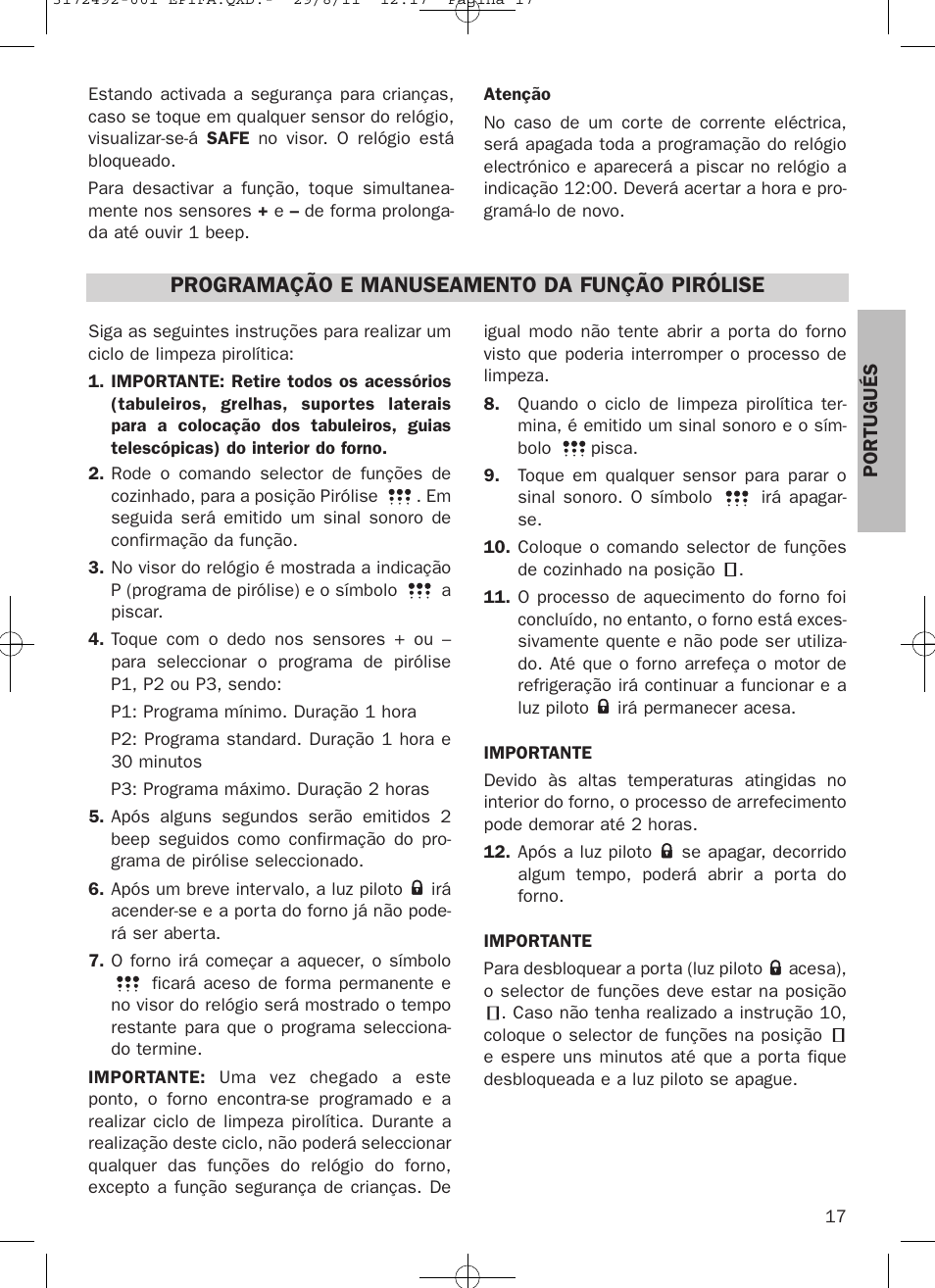 Programação e manuseamento da função pirólise | Teka HPL 830 User Manual | Page 17 / 48